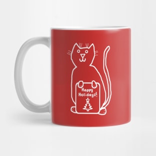 White Line Cute Christmas Kitty Cat says Happy Holidays Mug